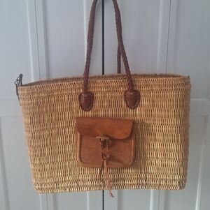 Woven Straw Tote Bag with Brown Leather Pocket